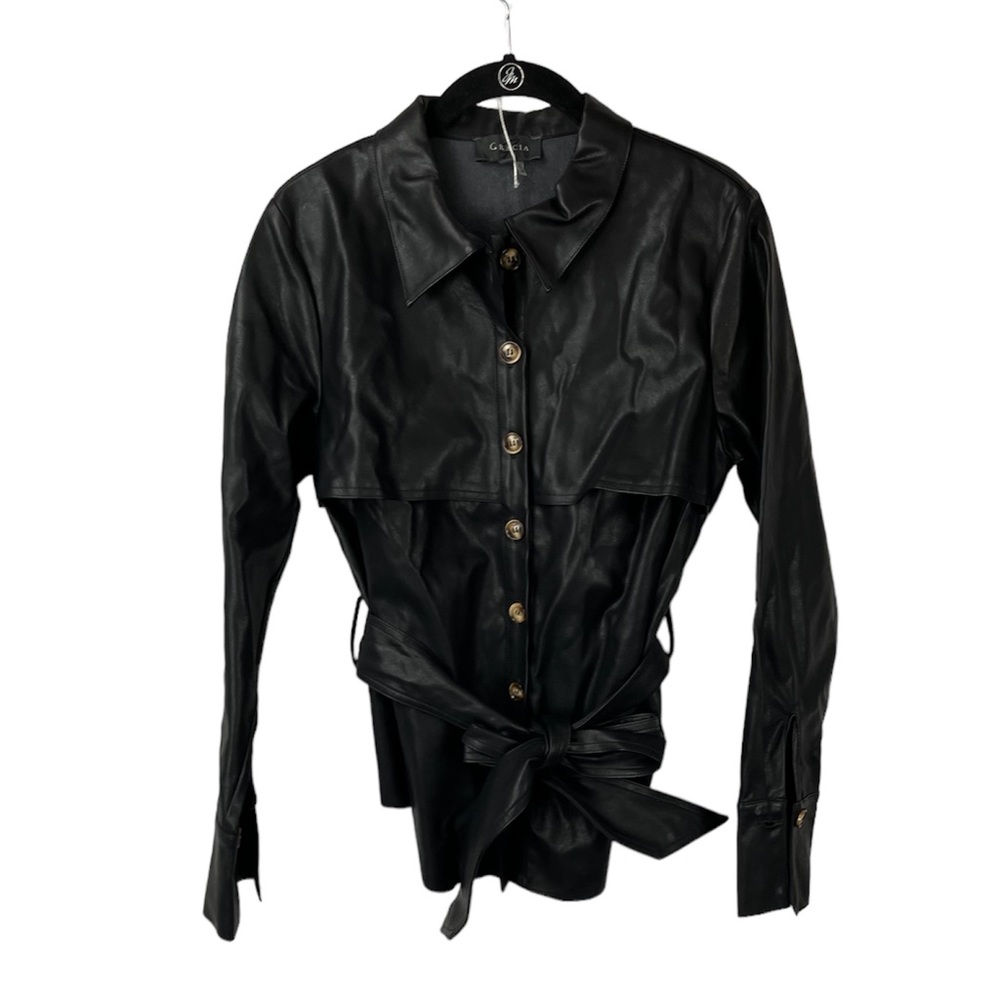 Gracia Womens Black Vegan Leather Button Down Long Sleeve Blazer Jacket S Belted
